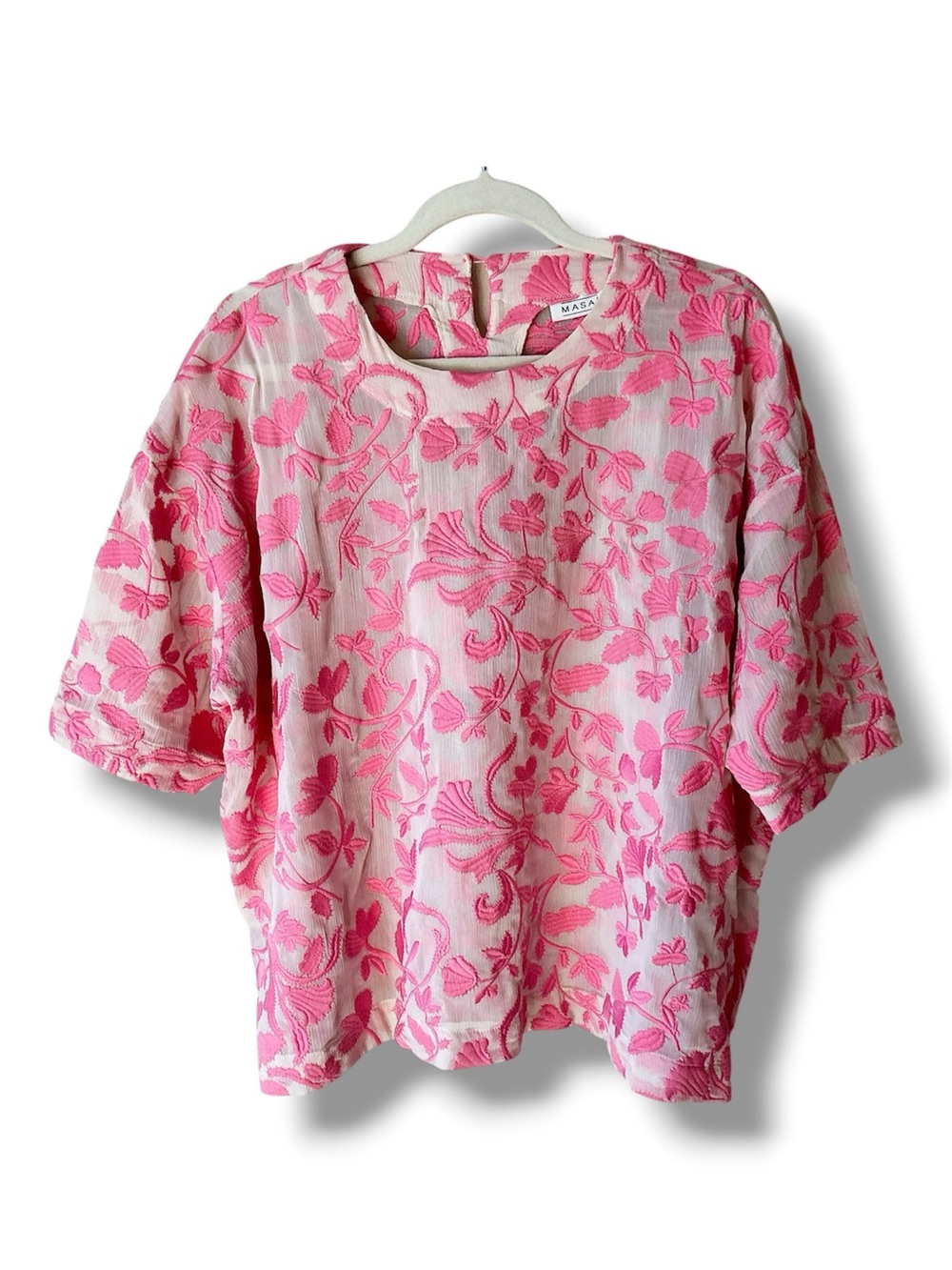 Masai Copenhagen Sheer Floral Embroidered Boxy Top in Coral Pink/Cream Size S